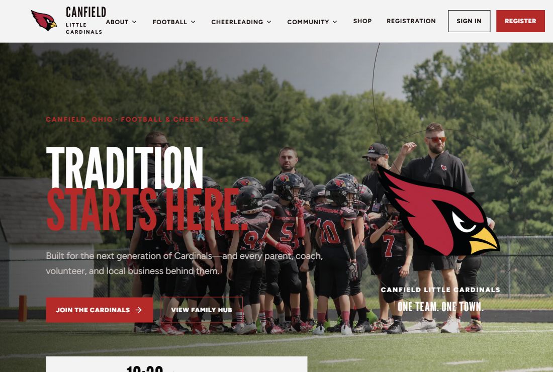 Canfield Little Cardinals website showing its football team, cardinal logo, and Tradition starts here heading