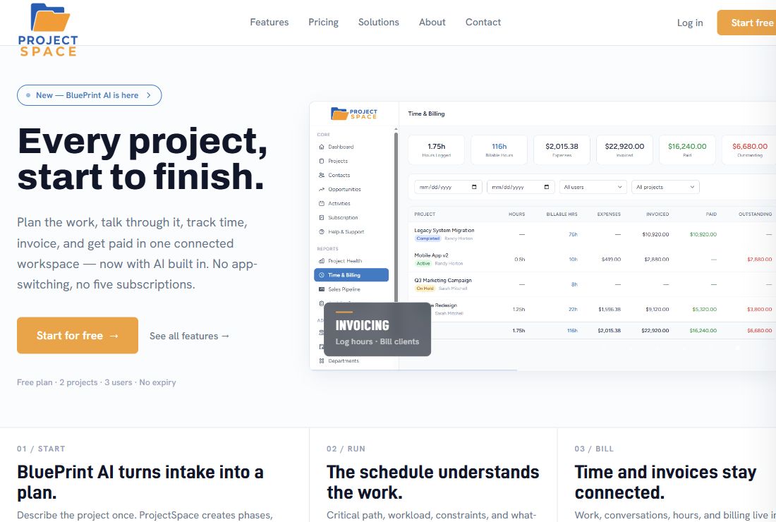 Project Space website with its Every project, start to finish heading and application preview